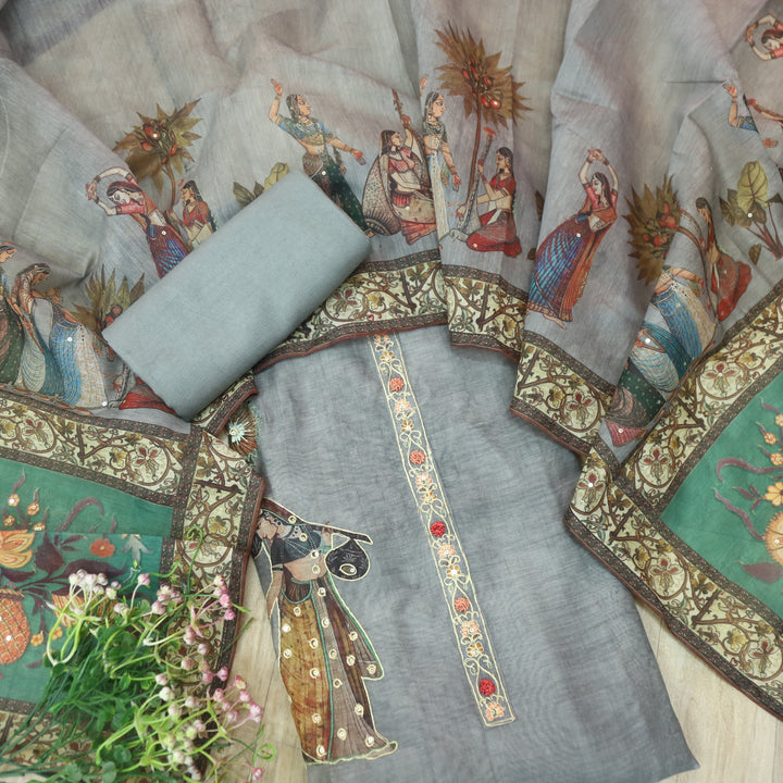 Noor Bluish Grey Zari Weaved Neck Digital Printed Chanderi Suit Set