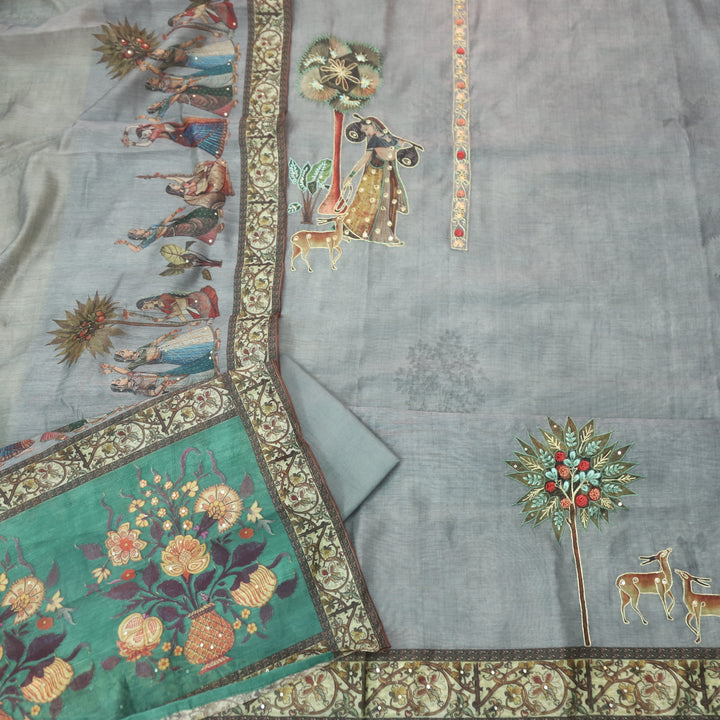 Noor Bluish Grey Zari Weaved Neck Digital Printed Chanderi Suit Set