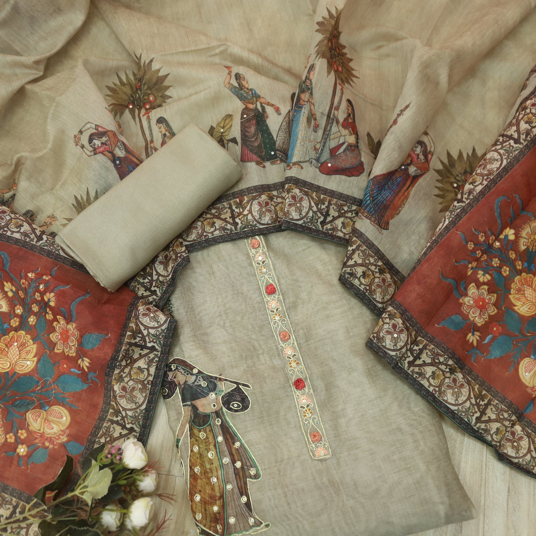 Noor Skin Beige Zari Weaved Neck Digital Printed Chanderi Suit Set