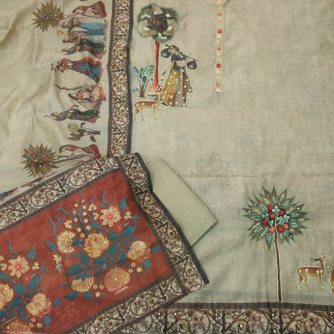 Noor Skin Beige Zari Weaved Neck Digital Printed Chanderi Suit Set