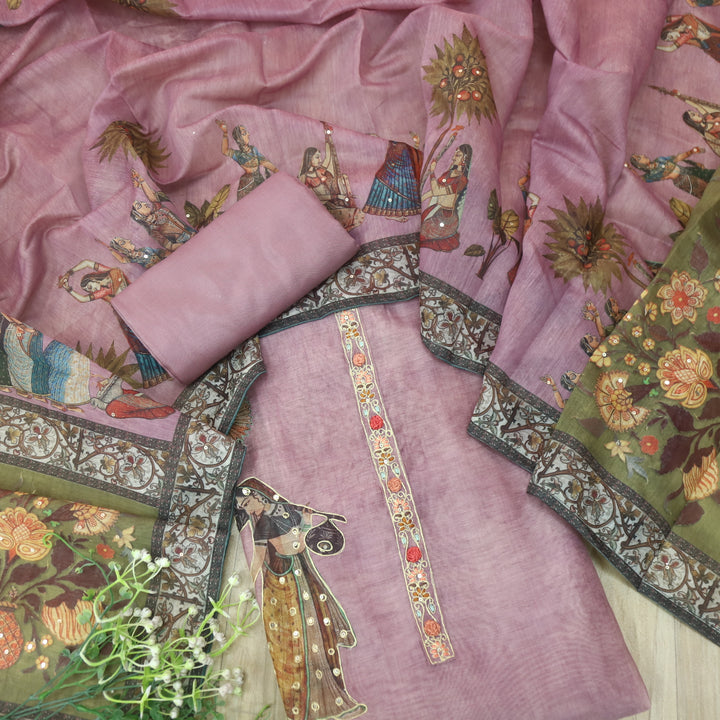 Noor Mulberry Purple Zari Weaved Neck Digital Printed Chanderi Suit Set