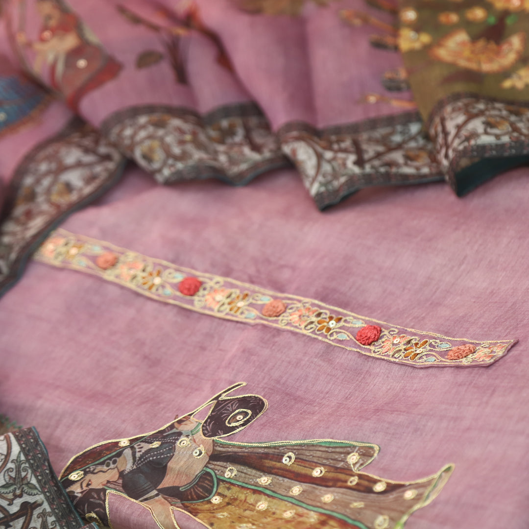 Noor Mulberry Purple Zari Weaved Neck Digital Printed Chanderi Suit Set