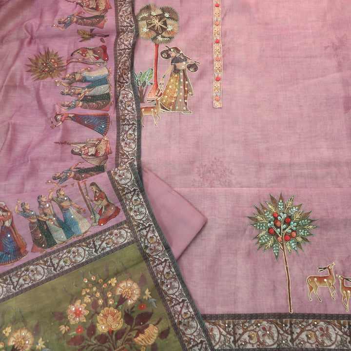 Noor Mulberry Purple Zari Weaved Neck Digital Printed Chanderi Suit Set
