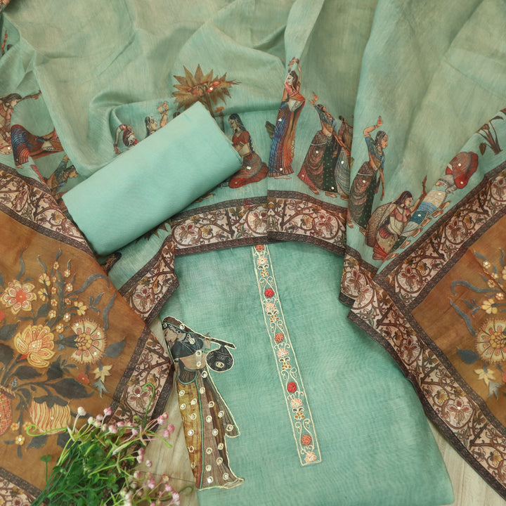 Noor Castel Green Zari Weaved Neck Digital Printed Chanderi Suit Set