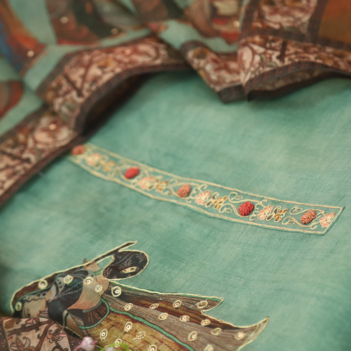 Noor Castel Green Zari Weaved Neck Digital Printed Chanderi Suit Set