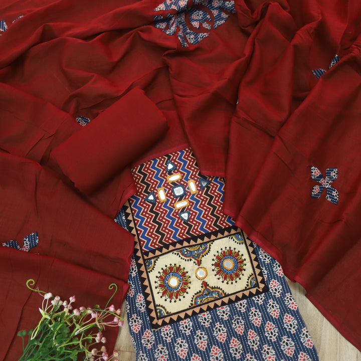 Ada Denim Blue Mirror Work with Patch in Ajrak Printed Cotton Suit Set