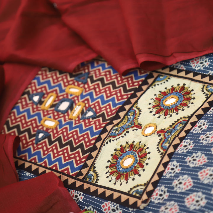 Ada Denim Blue Mirror Work with Patch in Ajrak Printed Cotton Suit Set