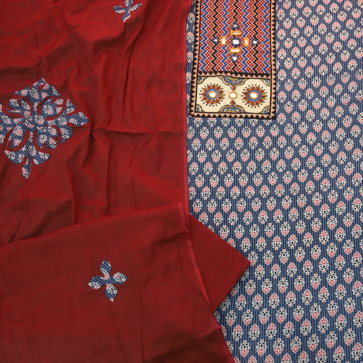 Ada Denim Blue Mirror Work with Patch in Ajrak Printed Cotton Suit Set