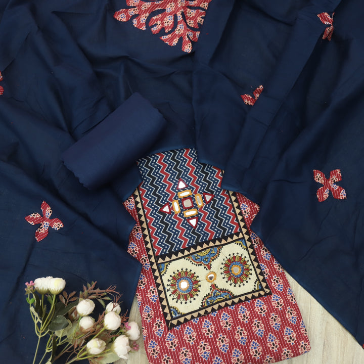 Ada Strawberry Red Mirror Work with Patch in Ajrak Printed Cotton Suit Set