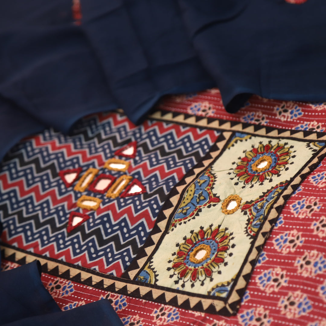 Ada Strawberry Red Mirror Work with Patch in Ajrak Printed Cotton Suit Set