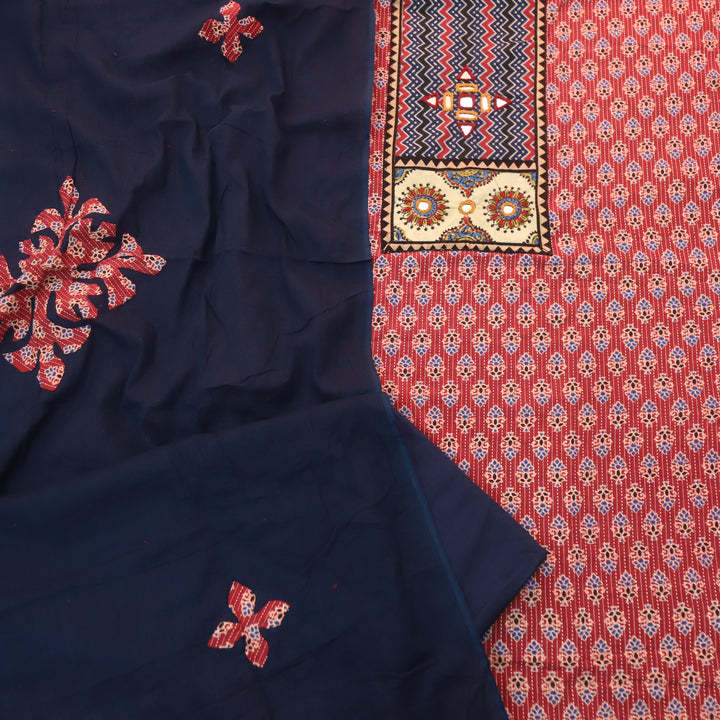 Ada Strawberry Red Mirror Work with Patch in Ajrak Printed Cotton Suit Set