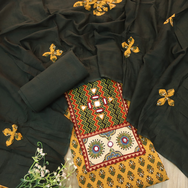 Ada Dijon Yellow Mirror Work with Patch in Ajrak Printed Cotton Suit Set