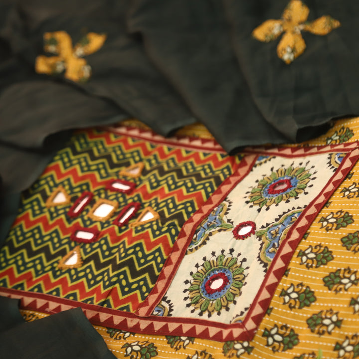 Ada Dijon Yellow Mirror Work with Patch in Ajrak Printed Cotton Suit Set