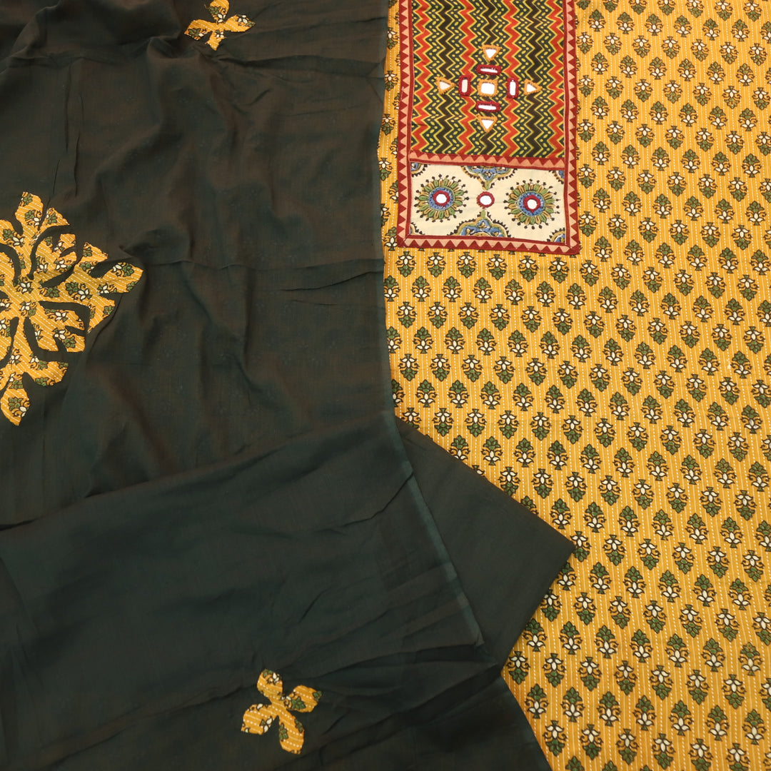 Ada Dijon Yellow Mirror Work with Patch in Ajrak Printed Cotton Suit Set