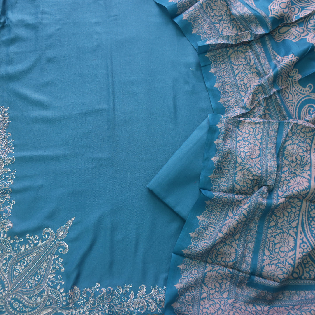 Tanhaai Teal Blue Embroidered Hem Semi Pashmina Winter Suit Set