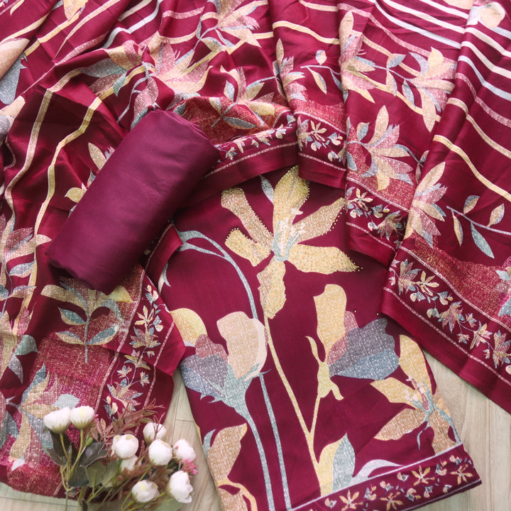 Lihaaz Burgundy Wine Floral Printed Semi Pashmina Winter Suit Set