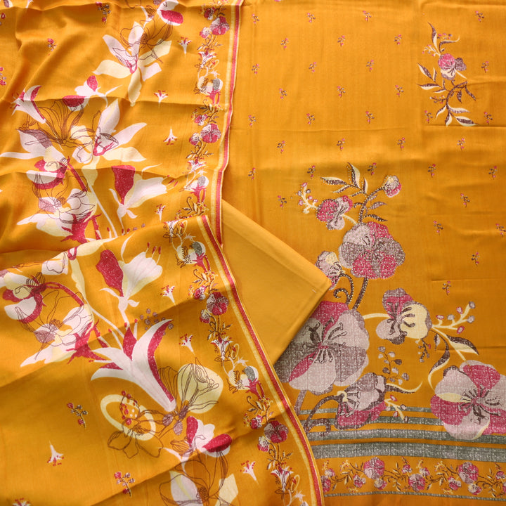 Lihaaz Turmeric Yellow Floral Printed Semi Pashmina Winter Suit Set