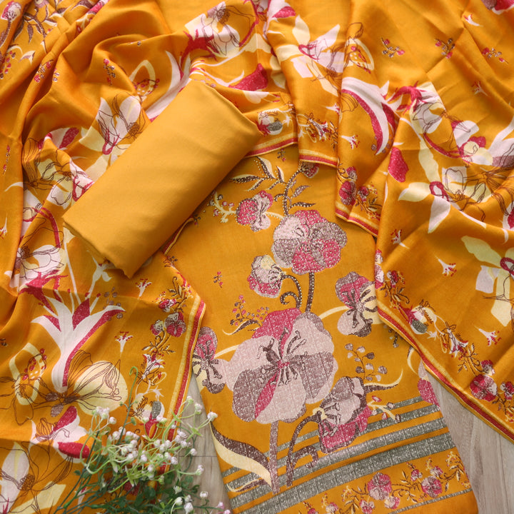 Lihaaz Turmeric Yellow Floral Printed Semi Pashmina Winter Suit Set