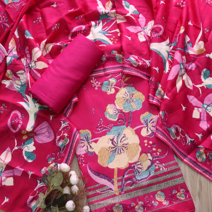 Lihaaz Bright Pink Floral Printed Semi Pashmina Winter Suit Set