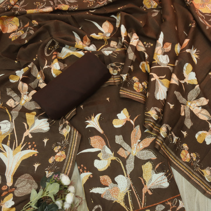 Lihaaz Chocolate Brown Floral Printed Semi Pashmina Winter Suit Set