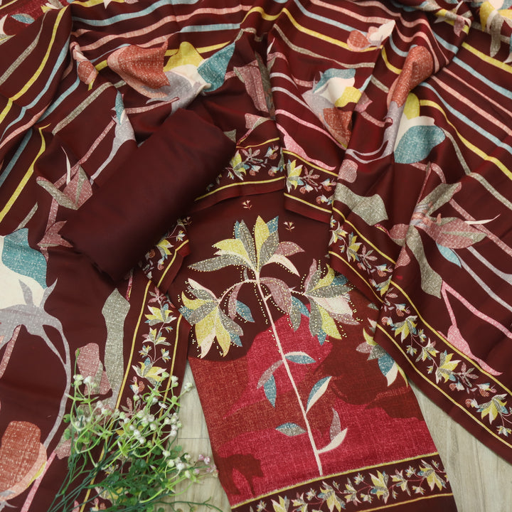 Lihaaz Maroon Red Floral Printed Semi Pashmina Winter Suit Set