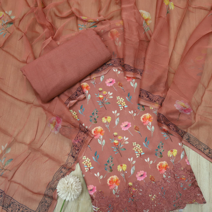 Ehimaya Coral Peach Cut Work Hem Floral Print Semi Pashmina Winter Set