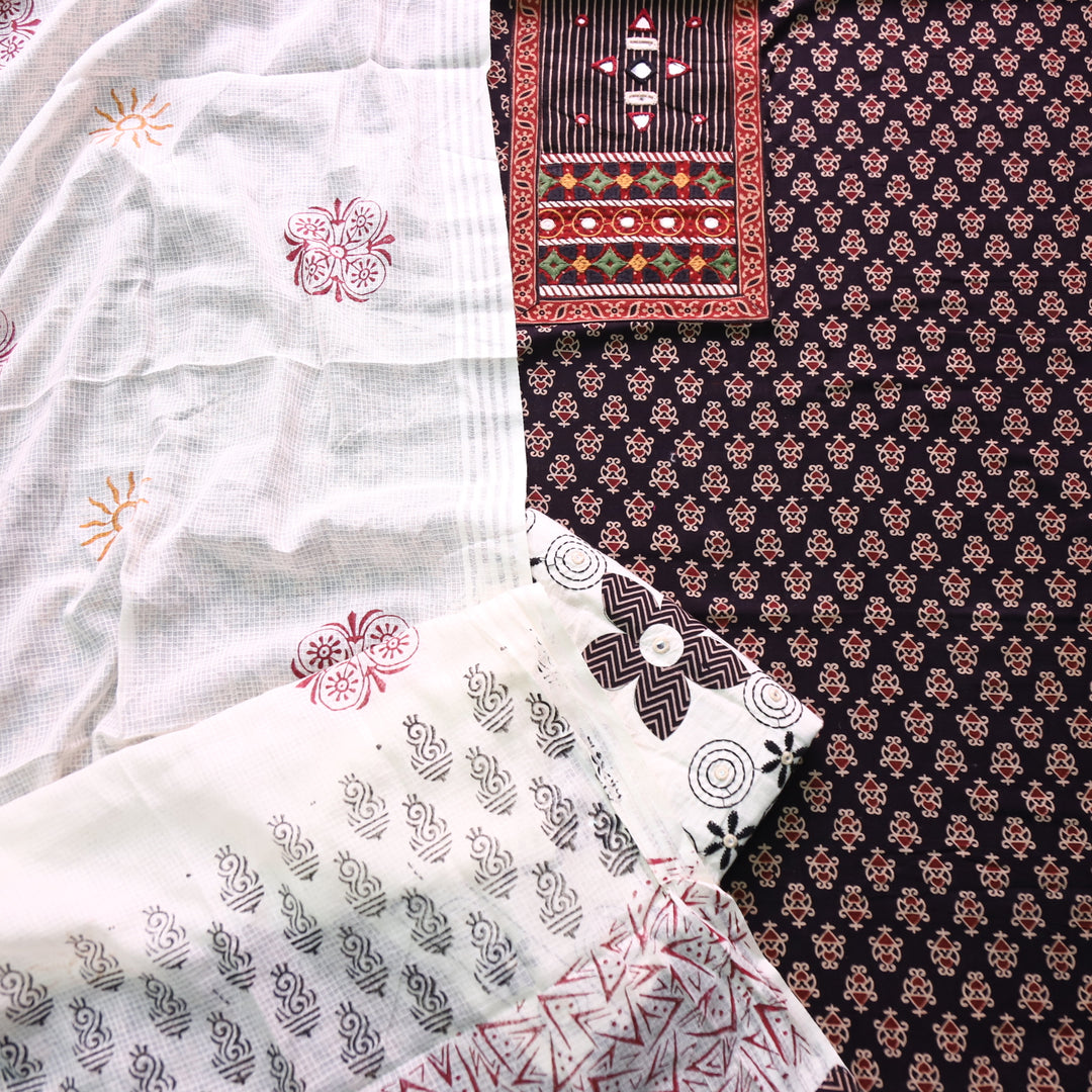 Kudmayi Black Kutch Mirror Work Cotton Suit with Khadi Cotton Dupatta