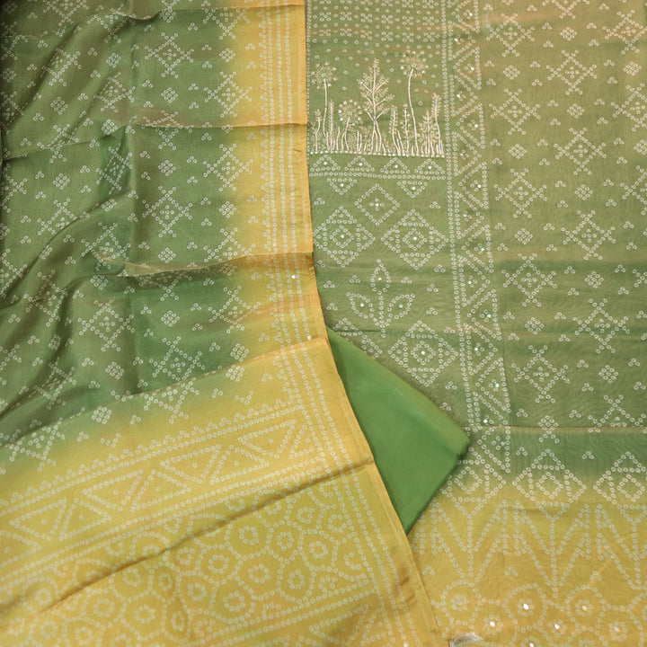 Barfiii Grass Green Embellish Neck in Bandani Print Shimmer Tissue Silk Suit Set