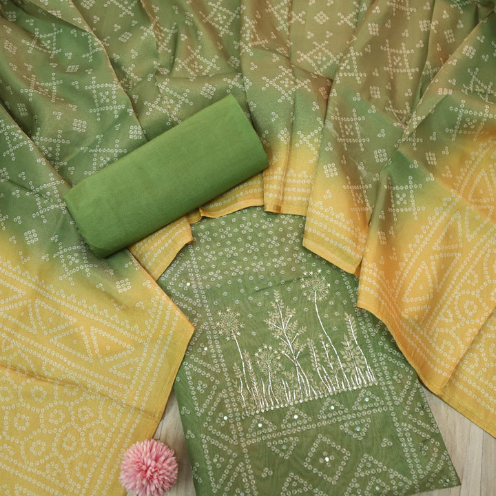 Barfiii Grass Green Embellish Neck in Bandani Print Shimmer Tissue Silk Suit Set