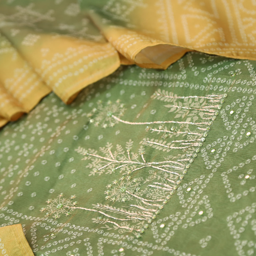 Barfiii Grass Green Embellish Neck in Bandani Print Shimmer Tissue Silk Suit Set