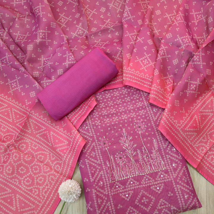 Barfiii Lavish Purple Embellish Neck in Bandani Print Shimmer Tissue Silk Suit Set