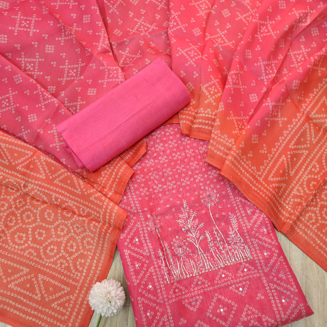 Barfiii Soft Pink Embellish Neck in Bandani Print Shimmer Tissue Silk Suit Set