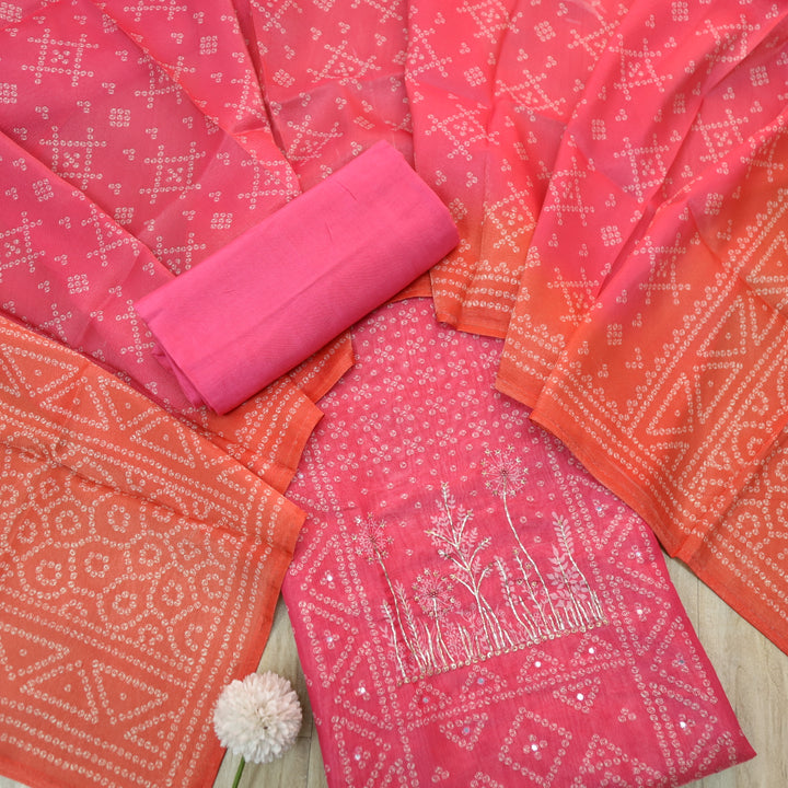 Barfiii Soft Pink Embellish Neck in Bandani Print Shimmer Tissue Silk Suit Set