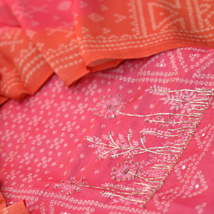 Barfiii Soft Pink Embellish Neck in Bandani Print Shimmer Tissue Silk Suit Set