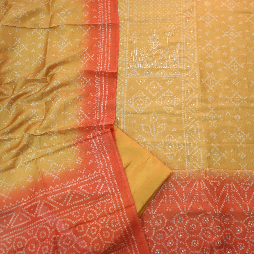 Barfiii Butter Yellow Embellish Neck in Bandani Print Shimmer Tissue Silk Suit Set