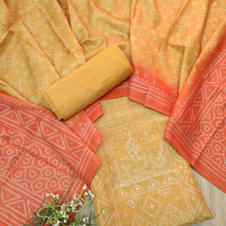 Barfiii Butter Yellow Embellish Neck in Bandani Print Shimmer Tissue Silk Suit Set