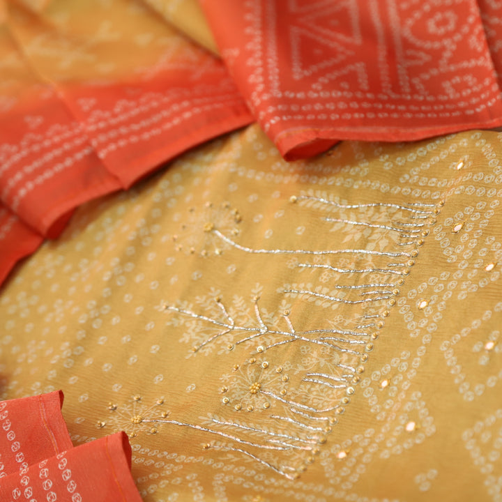 Barfiii Butter Yellow Embellish Neck in Bandani Print Shimmer Tissue Silk Suit Set