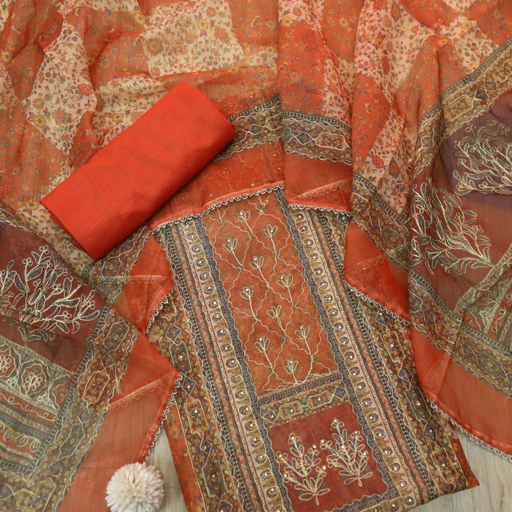 Barfiii Sedona Orange Zari Weaved with Digital Printed Chanderi Suit Set