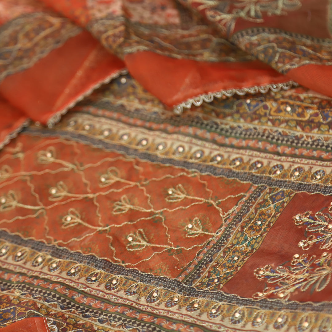 Barfiii Sedona Orange Zari Weaved with Digital Printed Chanderi Suit Set