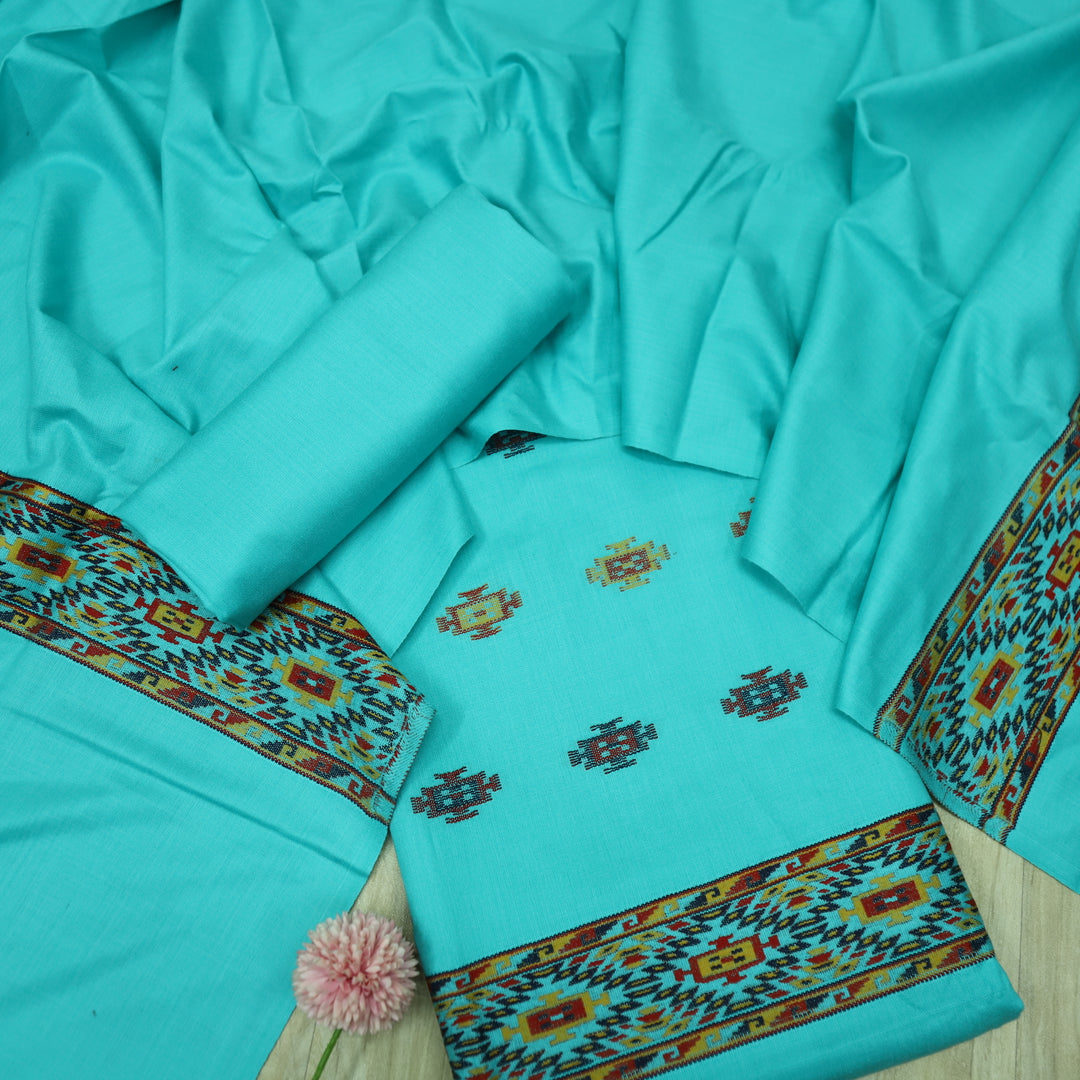 Kranti Aqua Blue Thread Embroidery Hem Semi Pashmina Winter Suit Set