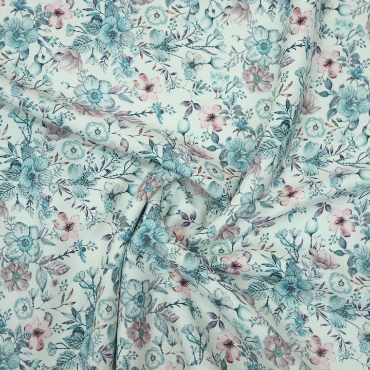 Rubiya White with Blue Floral Printed Premium Semi Pashmina Fabric-2.5 Mtr