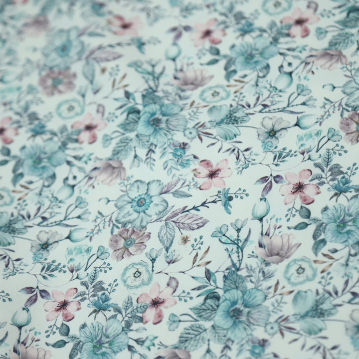 Rubiya White with Blue Floral Printed Premium Semi Pashmina Fabric-2.5 Mtr