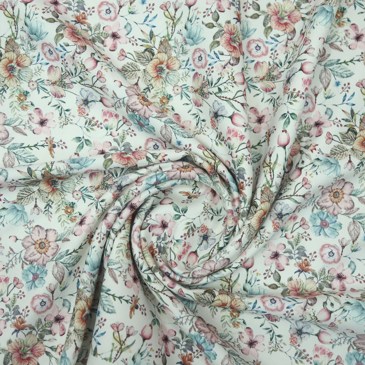 Rubiya White with Pink Floral Printed Premium Semi Pashmina Fabric-2.5 Mtr