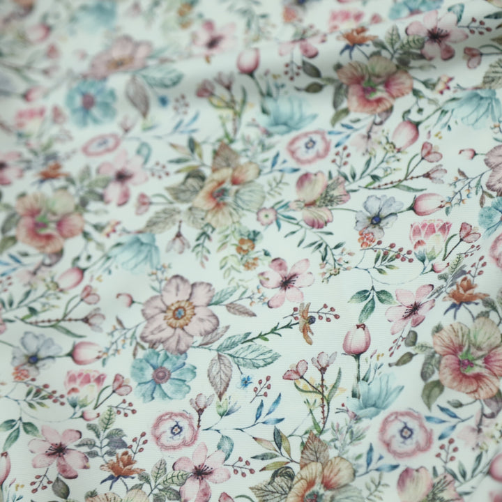 Rubiya White with Pink Floral Printed Premium Semi Pashmina Fabric-2.5 Mtr