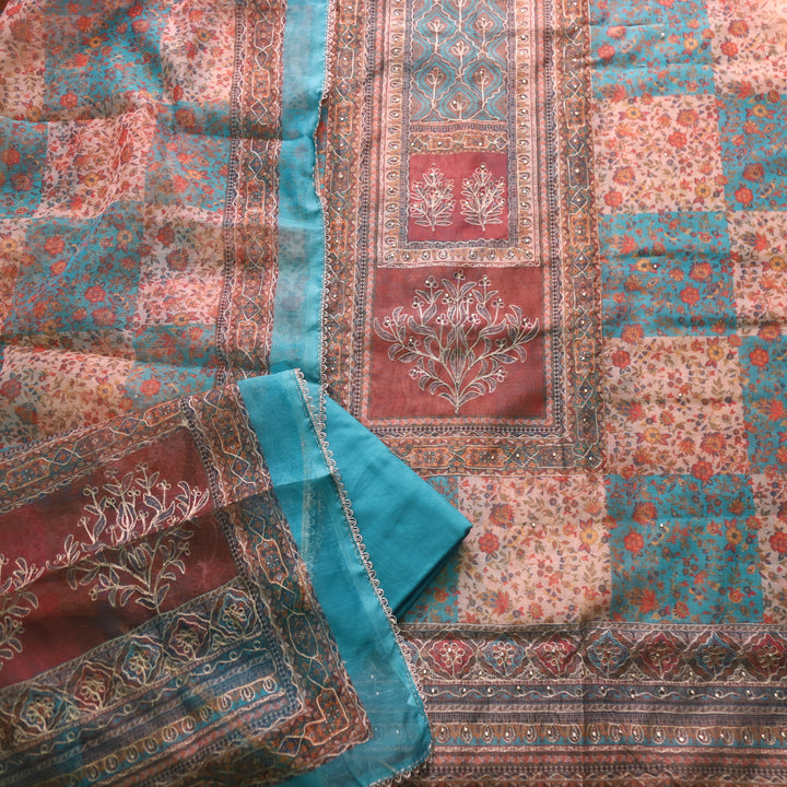 Barfiii Breeze Teal Zari Weaved with Digital Printed Chanderi Suit Set