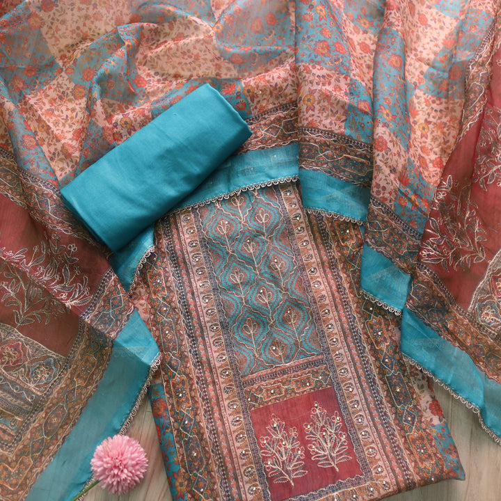 Barfiii Breeze Teal Zari Weaved with Digital Printed Chanderi Suit Set