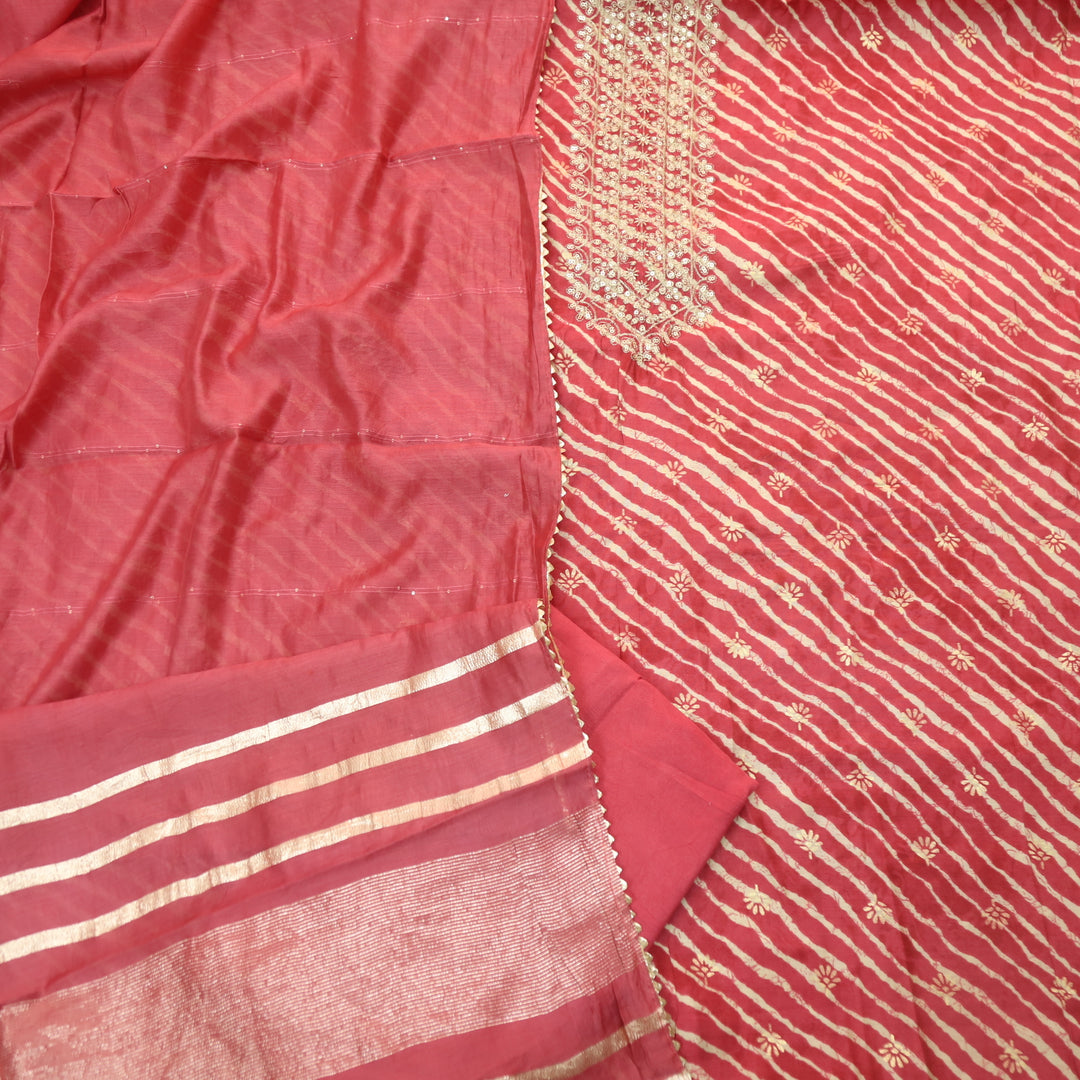 Sajna Berry Pink Embellish Zari Neck Leheriya Print Modal Suit Set
