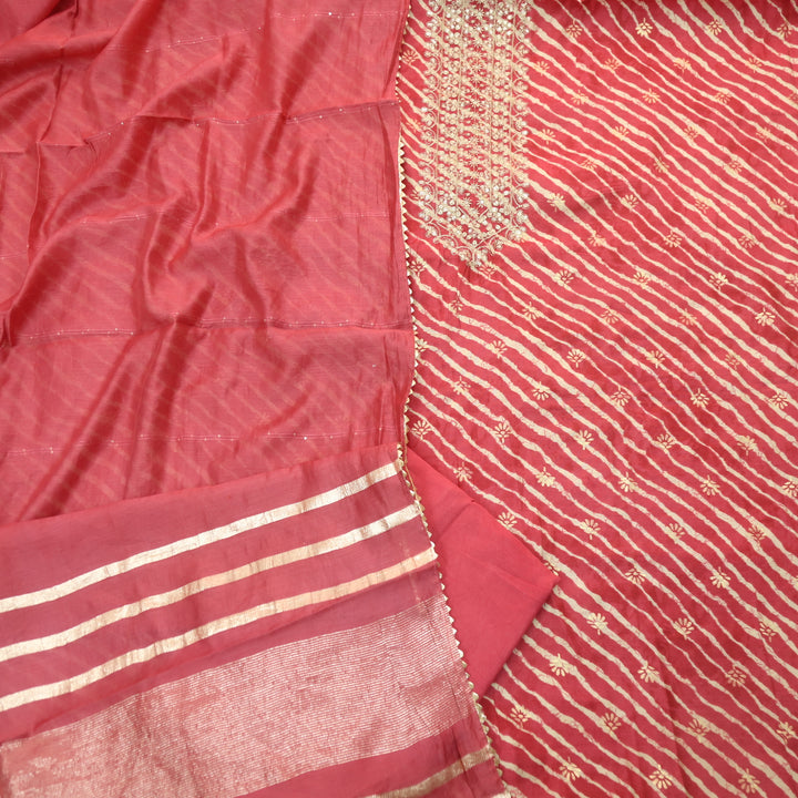 Sajna Berry Pink Embellish Zari Neck Leheriya Print Modal Suit Set