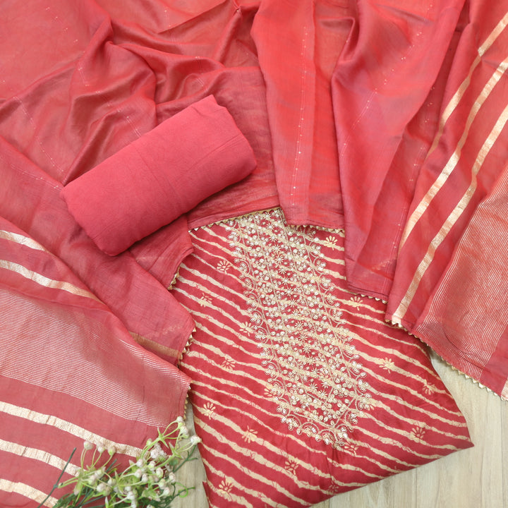 Sajna Berry Pink Embellish Zari Neck Leheriya Print Modal Suit Set
