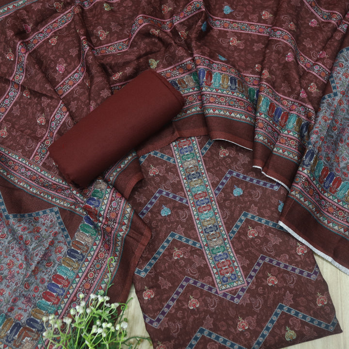 Bulavaa Chocolate Brown Digital Floral Printed Semi Pashmina Suit Set